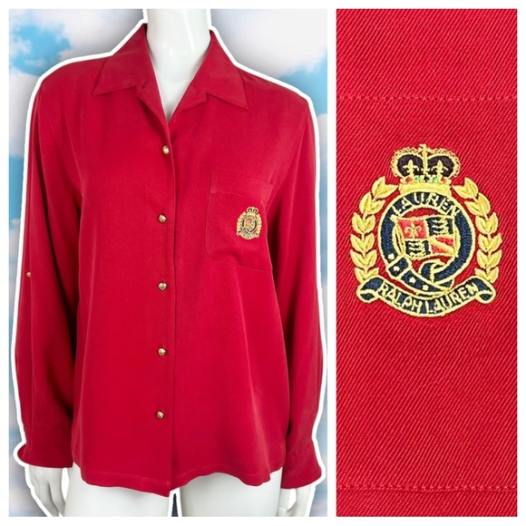 Lauren Ralph Lauren Tops - NWOT LAUREN RALPH LAUREN Vtg Embroidered Crest Roll Tab Silk Button Up Shirt Red